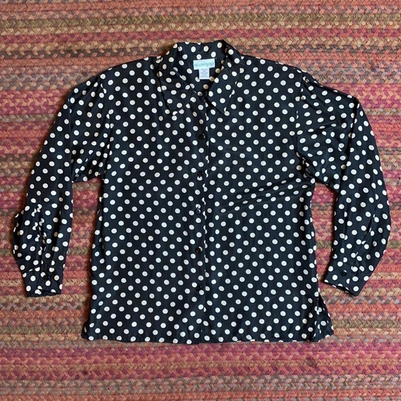 VINTAGE POLKA DOT SILK LONG SLEEVE BUTTON UP BLOUSE - Picture 1 of 4